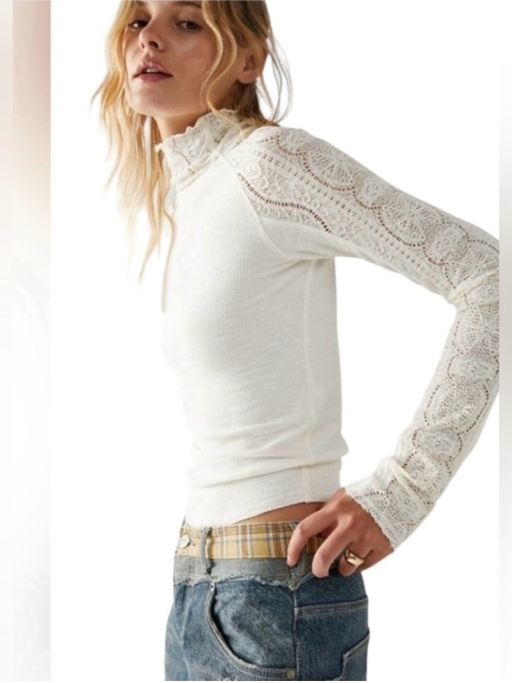 Free People Freddie Lace Rib Mock Neck Top. XSMALL